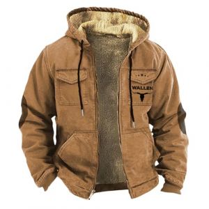 Doudoune &agrave; capuche pour homme &ndash; Veste polaire &eacute;paisse &agrave; carreaux avec capuche &ndash; Veste de travail d'hiver en velours &eacute;pais double poche cowboy occidental imprim&eacute; 3D marron chaud en coton, marron, L (handaheng dianpu, neuf)