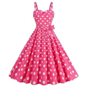 Robe Ann&eacute;e 60 Femme Sexy Col V sans Manche Retro Robe Style 1950's Audrey Hepburn Rockabilly Elegante Polka Dot Trap&egrave;ze Vintage Robes Swing Robe De Bal F&ecirc;te C&eacute;r&eacute;monie Mi Longue (01 Rose Vif, S) (Minenany, neuf)