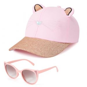 Hifot Ensemble Casquette de Baseball pour Fille Lunettes de Soleil Enfant, R&eacute;glable Casquette Rose Enfant Chapeau de Soleil Chat Paillettes d'or Protection UV (XOSRT, neuf)