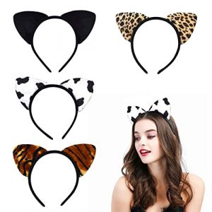 VIKSAUN 4 PCS Serre-tête Oreilles de Chat en peluche léopard, Rayures de tigre, Vache Oreilles Pour Enfants Femmes Décorations De Fête La Vie Quotidienne Cosplay (4 Pcs) (NanxuanEu, neuf)