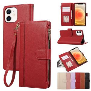 Rosbtib Coque pour iPhone 12/12 Pro 5G 2020 6.1 Pouces Housse en Cuir Fermeture Zipp&eacute;e Fermeture Magn&eacute;tique Portefeuille avec 4 Poches pour Cartes Standfuntion R&eacute;tro Etui iPhone 12/12 Pro, Rouge (Tengkai Technology, neuf)