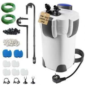 EXLECO Filtre Extérieur Aquarium 1000L/H 18W Pompe Externe D'aquarium Réglable avec Matériau Filtrant, Filtre Bassin Poisson Silencieux avec 3 Étapes de Filtration pour Réservoir Jusqu'à 300 L HW-302 (ZLH2019, neuf)