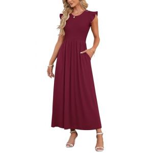 AUSELILY Robe de Poche &agrave; Manches Courtes pour Femme Robe Longue D&eacute;contract&eacute;e &agrave; Col Rond Jupe de Plage D'&eacute;t&eacute; L&acirc;che (Vin Rouge, XXL) (JIOTANG EU, neuf)