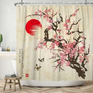 ASDCXZ Rideau de Douche Fleur de Cerisier 165x180 cm, Style Japonais Asie Rose Fleur de Cerisier Soleil Papillon Lavable Textile Rideau Douche imperméable pour Baignoire avec 12 Crochets (Qingjuan Trade, neuf)