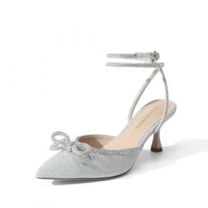 DREAM PAIRS Escarpins Femme Petit Talon Slingback &Agrave; Bout Pointu avec N&oelig;ud Strass Et Bride Cheville &ndash; Chaussures De Soir&eacute;e Mariage C&eacute;r&eacute;monie,Size 36.5,Argent,DWUMPU2541 (dreampairsEU, neuf)