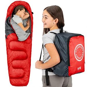 Sac de Couchage Momie Enfant - Sac Couchage de Camping pour Fille ou Garçon, 300 GSM pour 3 Saisons - Duvet Enfant avec Sac à Dos Léger - Rouge (TII Brands, neuf)