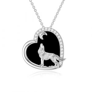 ROMANTICWORK Collier Loup en Argent Sterling 925 Pendentif Coeur Loup Obsidienne Bijoux Cadeau Loup pour Femmes Fille (ROMANTICWORK Jewellery, neuf)