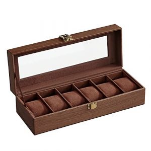SONGMICS Boîte à Montres à 6 Emplacements, Coffret à Montres, Couvercle en Verre, Coussinets Amovibles, Serrure en Métal, Revêtement en Marron et Doublure en Marron JWB006K01 (SONGMICS HOME FR, neuf)