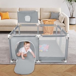OHMG Parc Bebe, Avec 4 Anneaux Pour B&eacute;b&eacute;+50 Balles,Parc Bebe Pliable Parc Pour B&eacute;b&eacute; Grande Avec Filet Respirant Et Fermeture &eacute;clair,Int&eacute;rieur&Ext&eacute;rieur,Basketball Rack (Gris profond-126 * 126 * 66cm) (jusiZL, neuf)