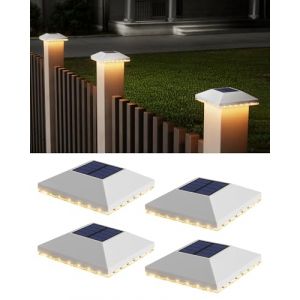 JACKYLED Chapeau de Poteau Solaire 7x7 8x8 9x9 10x10, Lot de 4 Lampes Solaires IP65 Étanches pour Poteaux en Bois, Jardin, Terrasse, Plateforme (Lot de 4 pièces-blanc) (ARACKY Direct, neuf)