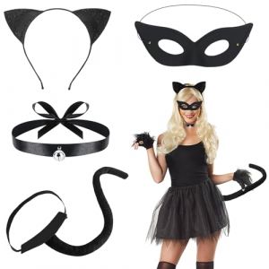 Forbabe Lot de 4 costumes d'Halloween pour femme - Accessoires de costume de chat adulte avec oreilles de chat - Serre-tête en peluche - Collier masque de chat - Cosplay - Costume pour carnaval, fête (Forbabe Direct, neuf)
