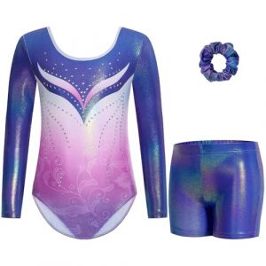 Gogokids Justaucorps de gymnastique trois pièces à manches longues pour filles – Tenue de gymnastique pour enfants avec motif à paillettes dégradées comprenant justaucorps, short et élastique à (KunTee, neuf)