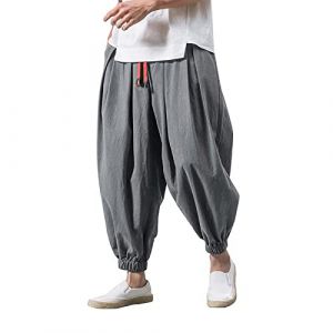 Pantalon sarouel baggy pour homme - Japonais uni pantalon de loisirs en coton et lin ample décontracté salopette de maison pantalon long respirant pantalon bouffant grande taille yoga taille élastique (Take Idea, neuf)