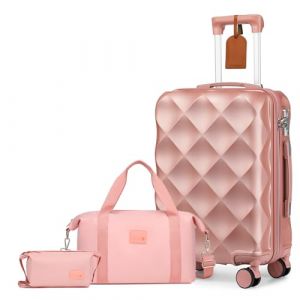 Sea choice Valise Cabine Rigide Motif Losanges Valises Soute en ABS Rigide Trolley Bagage a Main avec Serrure TSA 8 Roues Multidirectionnelles Élégant 55x36x22cm, Or Rose (Sunya EU, neuf)