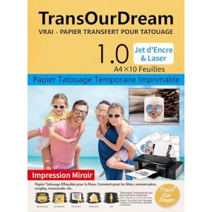 TransOurDream A4 x 10 Papier Transfert pour Tatouage Temporaire Transparent 1.0, impression jet d'encre&laser, DIY tatouage personnalis&eacute; lavable et d&eacute;calcomanie sur bougie et verre, FR11-1.0-10 (TransOurdream, neuf)