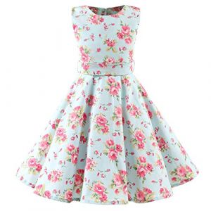 SXSHUN Robe Fille Enfant de Bal Polka Vintage pin-up &agrave; 'Audrey Hepburn' 50's 60's Rockabilly Halter Robe Fille Enfant de soir&eacute;e Cocktail sans Manches, Fleur Verte Menthe, 7-8 Ans (SXSHUN-EU, neuf)