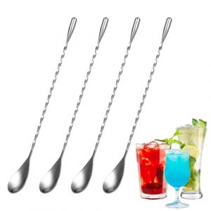 4 Cuillères à Cocktail - Cuillère Longue - Accessoire Cocktail, 25cm, Acier Inox, Mélangeur Long Drink à Motif Spirale et Poli Miroir, Design Élégant, Parfait pour Martinis, Cocktails, Café et Shaker (Dandestore, neuf)