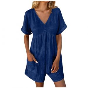 Combinaisons et Combishorts Femme Col V en Coton Lin Salopette Short Femme Baggy Salopette Femme Ete Fluide Salopettes Femme Grande Taille Combinaison Femme Chic Rompers Jumpsuit Femme Casual (Sunliney, neuf)