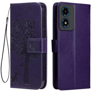 Topme &Eacute;tui en Cuir pour Motorola Moto E14 / G04S / G04 / G24 / G24 Power (6.5" inches), [ Coque Housse de T&eacute;l&eacute;phone Style Motif Chat Et Arbre] - Violet fonc&eacute; (topme, neuf)