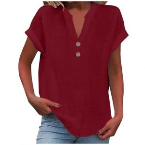 2025 Chemise Lin Femme Coton Et Lin Chemisier élégant à col en V Femme Manches Courtes Henley Chemisier Couleur Uni Tee Shirt été Haut Top Respirant T-Shirts Grande Taille Tunique Blouse Pas Cher (GMGM  (Économisez 50% sur 1 des 2 articles), neuf)