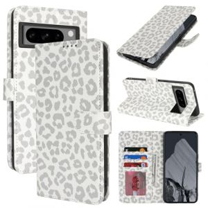 Zouzt Coque pour Google Pixel 8 Pro Housse Portefeuille, Cuir PU Premium Etui de Protection [B&eacute;quille] [Fentes pour Cartes] Etui &agrave; Rabat pour Google Pixel 8 Pro - L&eacute;opard Blanc (malepeak, neuf)