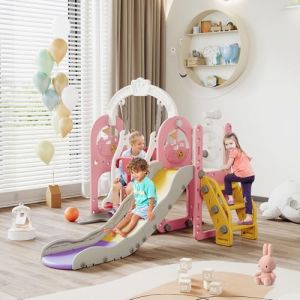 Toboggan pour Enfant 6 en 1,Toboggan pour L'apparence du Bateau Pirate,Ensemble Balançoire et Glissière pour Enfants,avec Balançoire, Télescope, Glissière, Basketball Rack, Rose (VISTA SHOP ST S.R.L., neuf)
