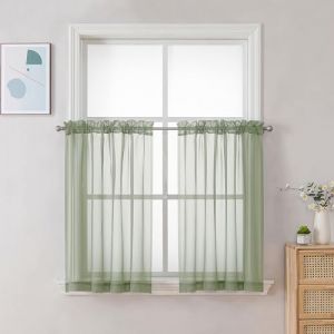 Chyhomenyc Lot de 2 Rideaux Transparents &agrave; &eacute;tages 106,7 x 61 cm (l x L) - Petits Rideaux filtrant la lumi&egrave;re - pour Salle de Bain, Salon, caf&eacute;, sous-Sol - avec Passe-Tringle - Vert Sauge (longyuPT, neuf)