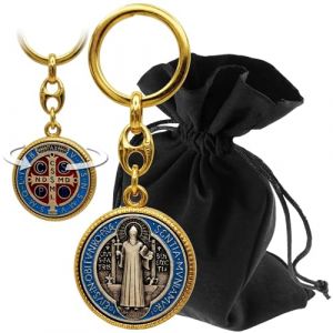 Lunexus Porte-cl&eacute;s Beno&icirc;t - B&eacute;ni - M&eacute;daille de Saint Beno&icirc;t avec gaufrage et design des deux c&ocirc;t&eacute;s - Cadeau avec pochette en velours - Symbole de protection pour voiture, maison et d&eacute;placement - Dor&eacute; (LUNEXUS, neuf)