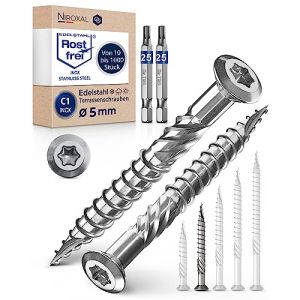 Lot de 1000 vis de terrasse - 5 x 50 mm de long - Parfait pour les lames de terrasse de 20 mm - Acier inoxydable C1 trempé - Torx 25 avec 2 embouts - Vis à bois avec tête fraisée plate - Filetage (NietFullThings, neuf)