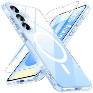 Hensinple Coque pour Samsung Galaxy S25, Magnétique Coque Samsung S25 avec MagSafe avec Verre Trempé, [Anti-Jaune] Antichoc Coque S25 Translucide Mat Extérieur Étui de Protection pour S25 6.2'', Clear (JHJS, neuf)