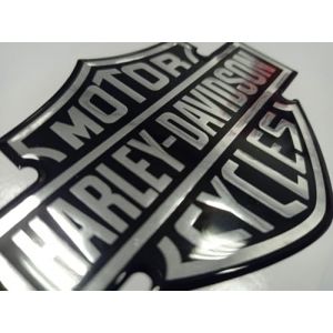 Harley HD Autocollant en relief résiné effet 3D autocollant pour voiture, moto, réservoir, casque, ordinateur portable, etc. Convient aux surfaces lisses et légèrement courbes. (noir/chrome) (sticker's corner, neuf)