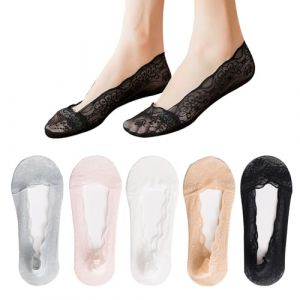 BSITSSS 5 Paires Dentelle Chaussettes Invisibles Femme, Chaussette Invisible Dentelle, Elastique Chaussette Ballerine Femme, Respirantes Protege Pieds Femme Avec Semelle Antidérapante en Silicone (BSITSSS, neuf)