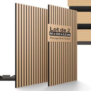Arebos Lot de 2 Panneaux Acoustiques 120&times;60 cm | Panneaux Muraux &agrave; Lattes Aspect Bois pour Mur & Plafond | Haute Absorption Acoustique | Installation Facile & D&eacute;coupable (AREBOS, neuf)