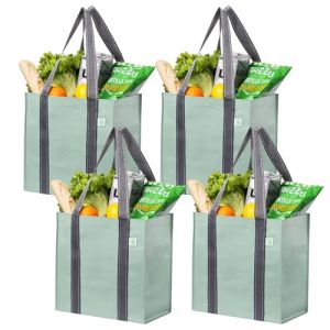 VENO Lot de 4 Sacs d'épicerie et sacs de courses réutilisables avec poignées et fond rigide de taille compacte et pratique. Fourre-tout utilitaire pliable, durable et robuste (Vert Clair, Lot de 4) (VENO LLC, neuf)