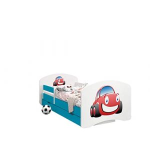 Happy Babies - LIT D'ENFANT DOUBLE FACE AVEC TIROIR Design Moderne Avec Bords S&ucirc;rs et Matelas en Mousse Antichute 7 cm Bleu (Auto, 190x90) (EuroTrip, neuf)