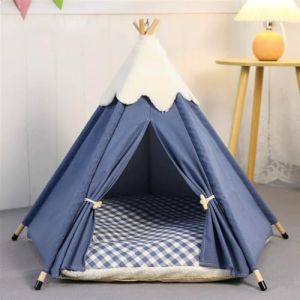 GIBZ Tente Tipi pour Animaux de Compagnie avec Coussin Amovible Jolie Maison Chien Lavable Antidérapant Lit Chat pour Intérieur, Bleu Marine, S (Shopzo EU, neuf)