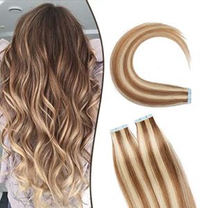 SEGO Extension Adhesive Cheveux Naturel 20 Pcs - Rajout Cheveux Humain à Bande Adhesive Invisible - (Max Epaisseur) 30CM 12P613#Brun Doré Mèche Blond Blanchi (3g X 20 Pièces) (Shiny Collection-88, neuf)