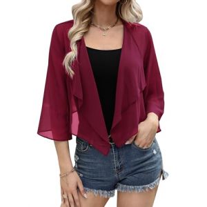 Aottori Cardigan Bol&eacute;ro Court Femme en Mousseline de Soie Gilet &agrave; Manches &Eacute;vas&eacute;es 3/4 Bol&eacute;ro Veste El&eacute;gant Chic pour Robe Bretelle Mariage Rouge Vin S (yyh-eu, neuf)