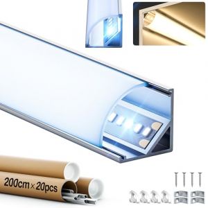 GEEKLUX Profilé Led d'angle en Aluminium 2 m x 20 Pièces (40 m), 45° pour Ruban LED, Profilé Aluminium pour Éclairage Parfait avec Diffuseur et Embouts, Pour Rails Bande LED - 15.8 x 15.8 mm (Weijian Lighting, neuf)