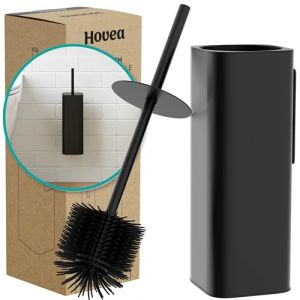 Hovea - Kit Brosse WC Suspendu - Brosse Silicone & Boitier Métal - Coloris Noir Mat - sans Perçage - Fixation Murale avec Sticker ou Vis - Balai Brosse Toilettes Décoration - WC3680 (Shantilly FR, neuf)