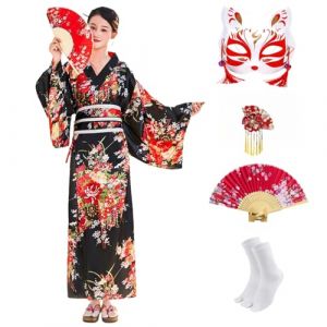 CRFASIBE 5 Pi&egrave;ces Kimono Japonais Femme, Motif Floral Kimono Robe, Japonais Peignoir Yukata Geisha, D&eacute;guisement Cosplay Costume Set avec Accessoires (Noir) (YEEGERINC, neuf)