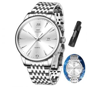 OLEVS Montres pour homme en acier inoxydable doré et argenté - Montre bicolore décontractée avec date - Montre à quartz analogique classique - Cadeau pour homme - Bracelet avec chiffres romains (XING LINGYU, neuf)