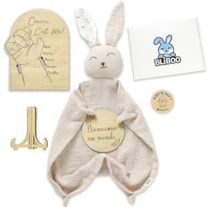 Coffret Cadeau Naissance B&eacute;b&eacute; Original - Doudou Lapin -Jour/Nuit -100% Coton Bio GOTS & OEKO-TEX&reg; - 3 Cartes Jalons Souvenirs en Bois - Id&eacute;e Cadeau Baby Shower - Mixte Nouveau-N&eacute; Fille Gar&ccedil;on-BLIBOO (Unik & Co, neuf)