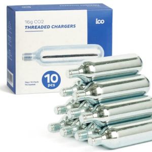 ICO Cartouche CO2, Lot de 10, Cartouche CO2 16g Filetées pour Gonflage Express des Pneus de VTT et Vélo de Route - CO2 Qualité Alimentaire Compatible Tireuses à Bière Artisanale (ICO trading, neuf)
