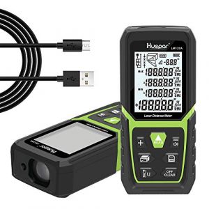 Télémètre Laser, Huepar 120m Mètre Laser de Haute Précision avec Batterie Li-ION et Capteur d'angle Électronique, Écran LCD Rétro-Éclairé, Modes de Mesure Multiples M/in/Ft, Pythagore/Distance/Volume (Leiwo-Tec, neuf)