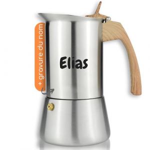 Milu cafeti&egrave;re Italienne Induction avec gravure | 2, 4, 6, 9 Tasses | Cafeti&egrave;re Moka en INOX, Espresso Maker Acier Inoxydable, Ensemble comprenant un sous-verre (Aspect bois, 6 tasses 300ml) (Wunschproducts, neuf)