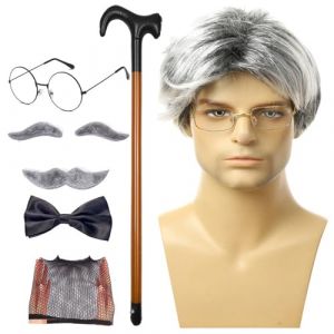 xowwyue Cosplay de vieil homme, Costume de grand-p&egrave;re pour hommes, taille adulte - 8 pi&egrave;ces/ensemble perruque de vieil homme, perruques de grand-p&egrave;re,Lunettes de canne, faux sourcils, moustache, n&oelig;ud (yueyhc, neuf)
