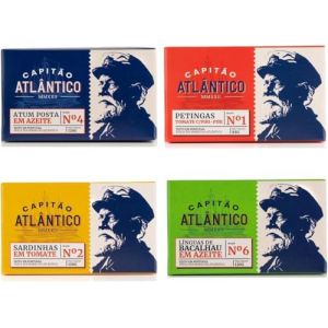 Pack varié de conserves de poisson – Langues de morue à l’huile d’olive, petites sardines en sauce tomate, petites sardines en sauce tomate épicée, filet de thon à l’huile d’olive – Pack de 4 (Pure Brands Portugal, neuf)