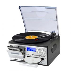 9 en 1 Platine Vinyle avec Bluetooth, CD, Cassette, Radio AM/FM, Lecture USB SD MMC et Télécommande – Platine 3 Vitesses, Prise Casque 3,5 mm et Aux in RCA Line Out (K Audio, neuf)