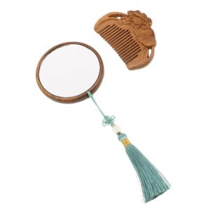 Gogogmee Set Miroir et Peigne Bois Sculpté Main Compact et pour Femmes Miroir pour Retouches Maquillage Voyage (Xiaanmall, neuf)